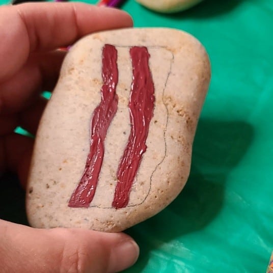 Bacon and Eggs Painted Rocks - Painting the Bacon on the Rocks 1