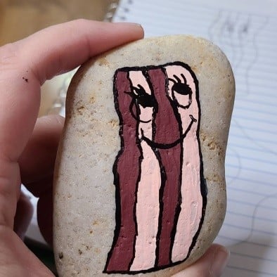 Bacon and Eggs Painted Rocks - Painting the Bacon on the Rocks 4
