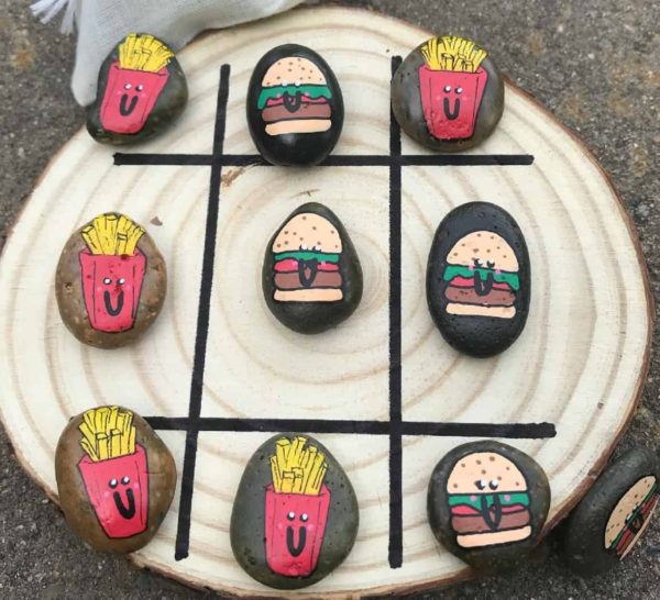 Burger and Fries painted rocks (tic tac toe) by rockthiswaystore