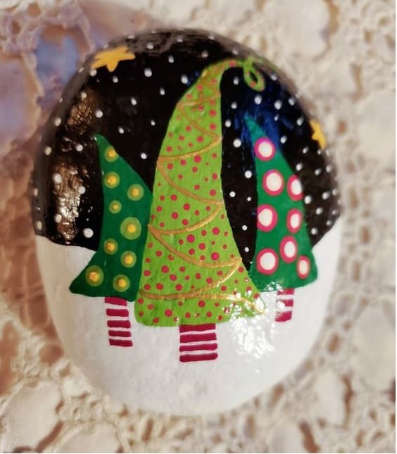 Christmas Trees painted rock by Cynthia Harris