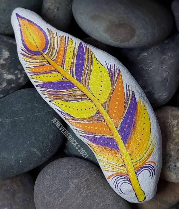 Feather painted rock by jenevererocks