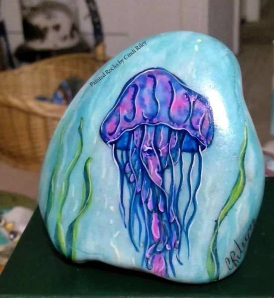 Jellyfish painted rock by Cindi Riley
