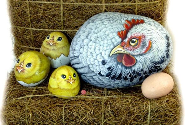 Mother Hen and Chicks painted rocks by Ernestina Gallina