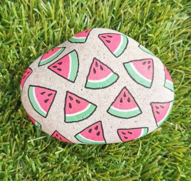 Sumer – Watermelon painted rock by wanderstones